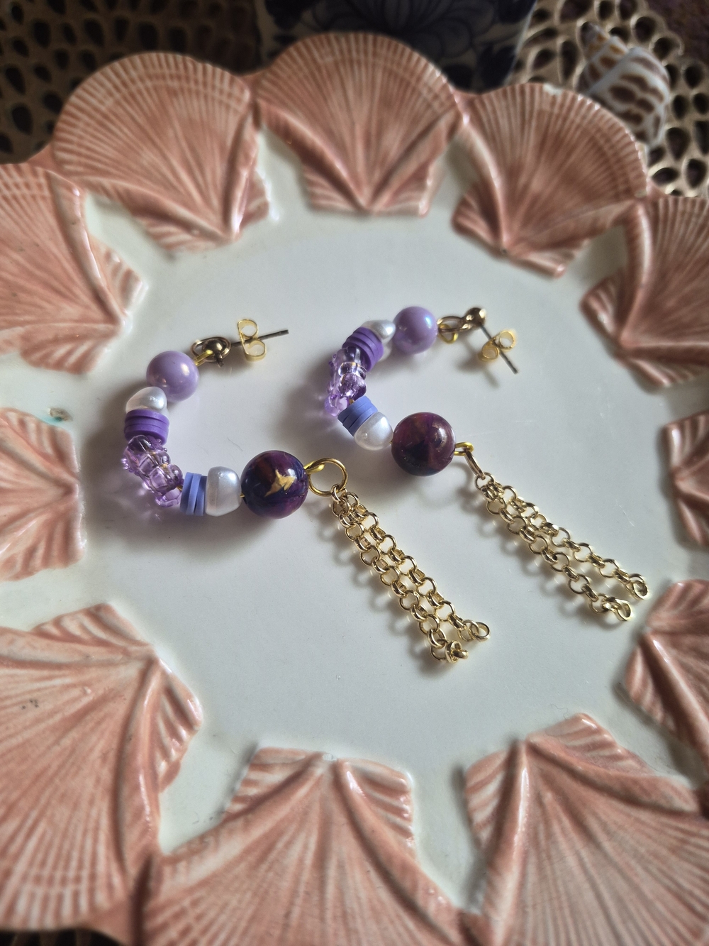 Purple Beaded Gold Tassel Dangle Earrings by